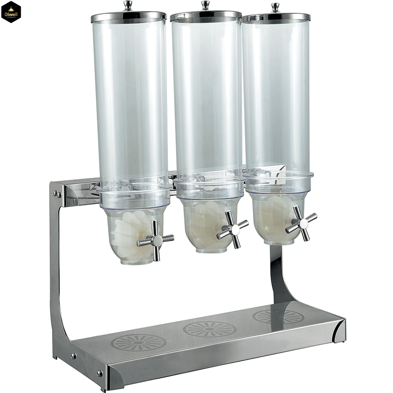 Diwell Wholesale Restaurant Buffet Single Double Three 4 Heads Cereal Dispenser Dry Food Container Stainless Steel Double Cereal Dispenser