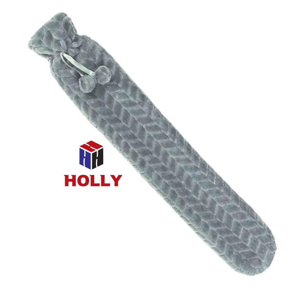 Super Soft Flannel Covered Rubber Long Hot Water Bottle 2L with Pompoms