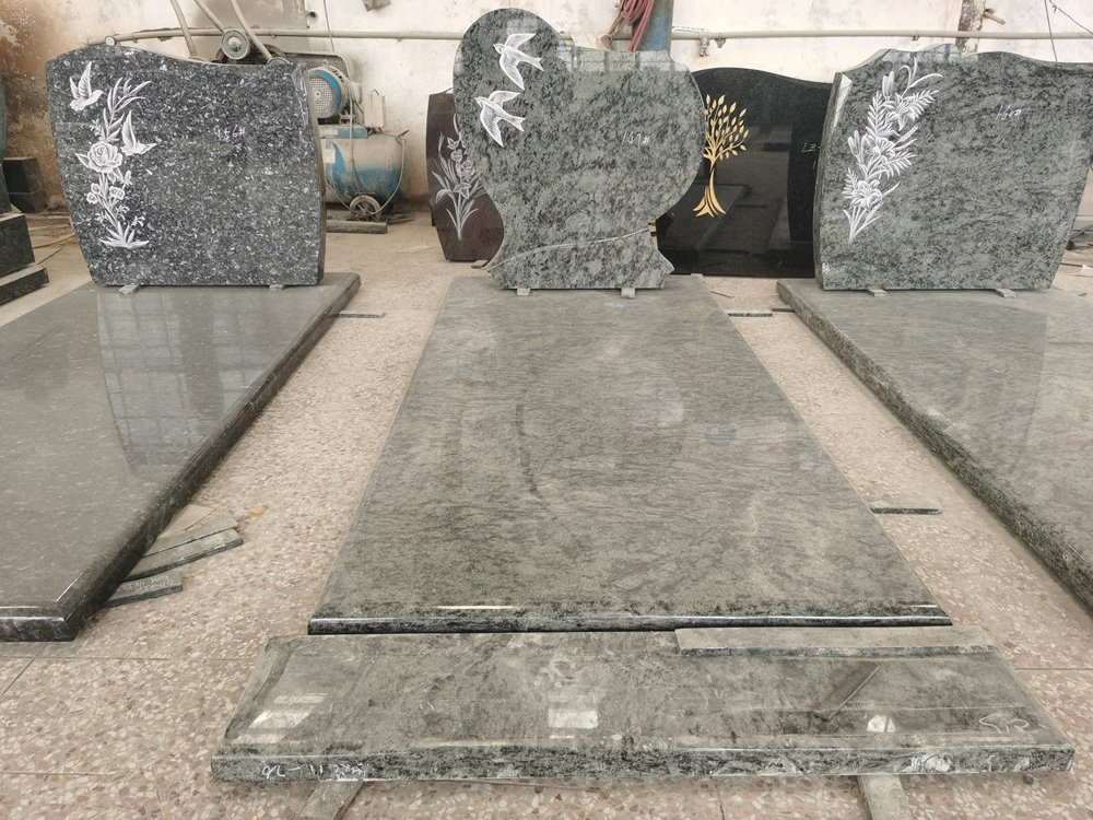 European Style Olive Green Granite Customized Polishing Surface Tombstone Headstone