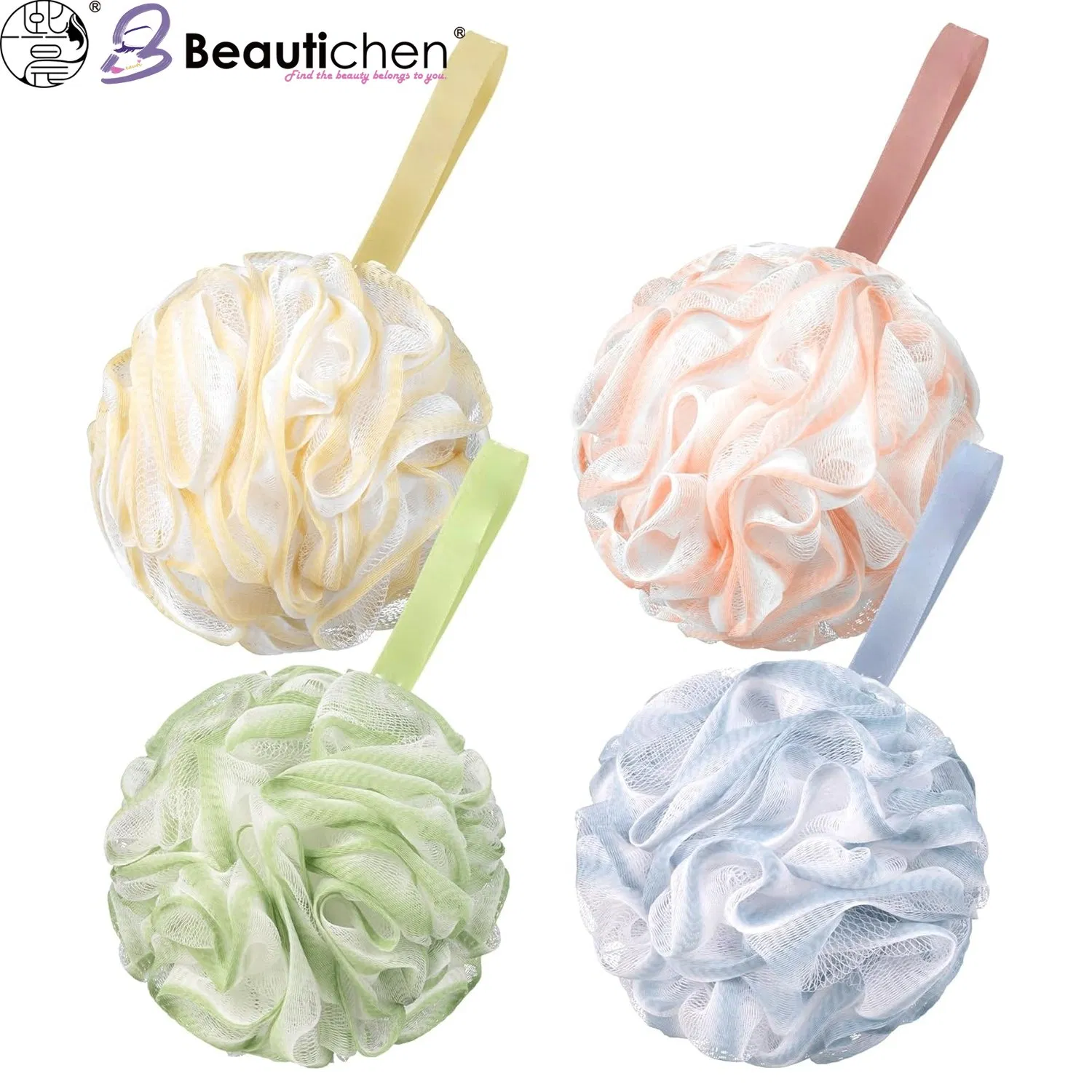 Beautichen Shower Loofah – Soft Mesh Bath Sponge for Gentle Exfoliation & Rich Lather, Long Handle Bath Pouf for Easy Grip & Full Body Cleansing