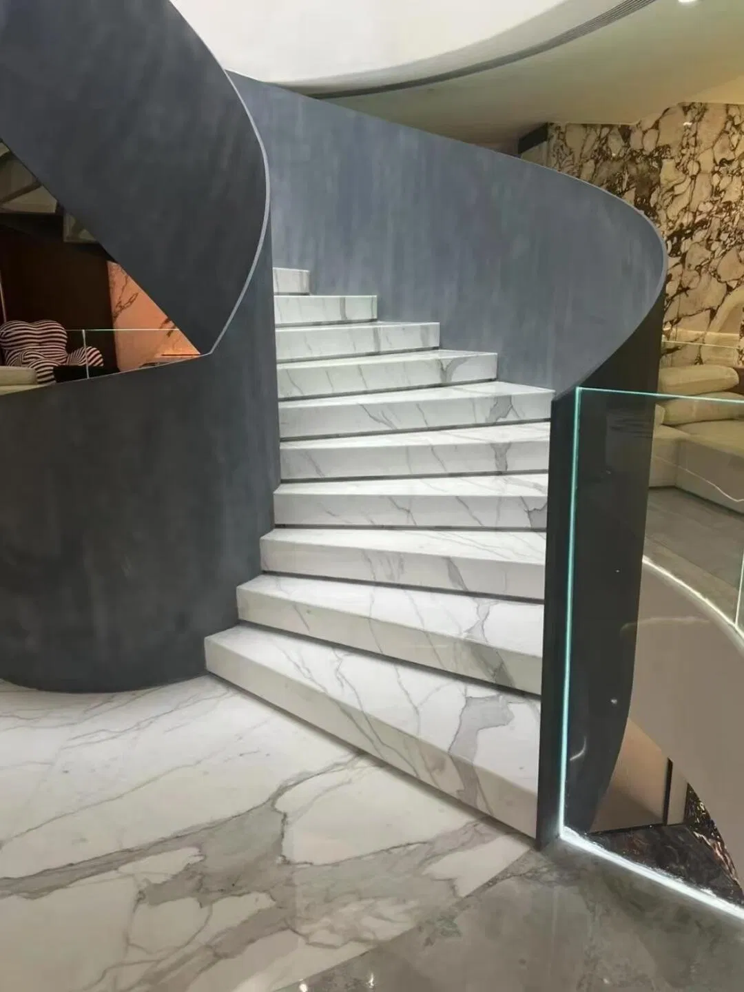 Luxury Modern Steel Spiral Staircase Calacatta White Marble Stone Railing Polished Big Slab for Villa Italian Design
