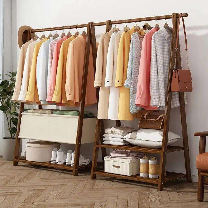 Solid Wood Coat Rack Double Tiers Industrial Design Style Thickened Foldable Cloth Rack