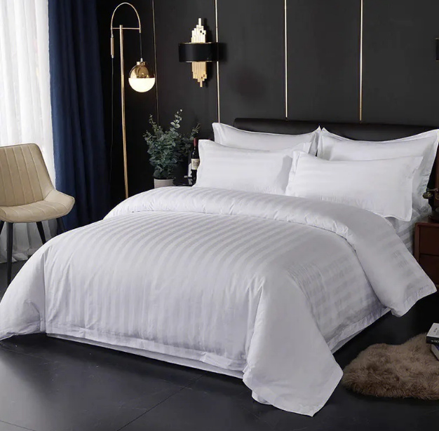 Hotel Quality Polyester Cotton Satin Stripe Fitted Sheet Bedding Set
