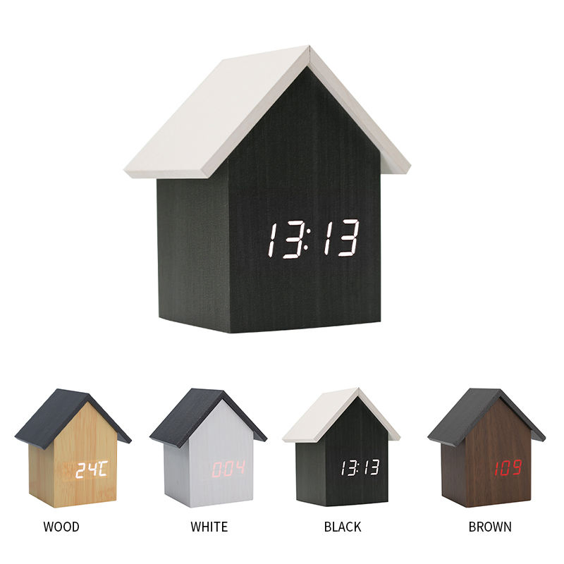 Children Black House Design Digital Wooden Alarm Clock for Gift
