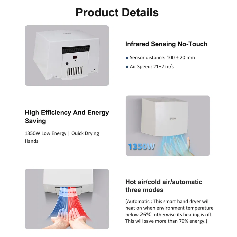 Commercial Restrooms Wall Mounted 1350W Warm Cold Wind Hand Dryer