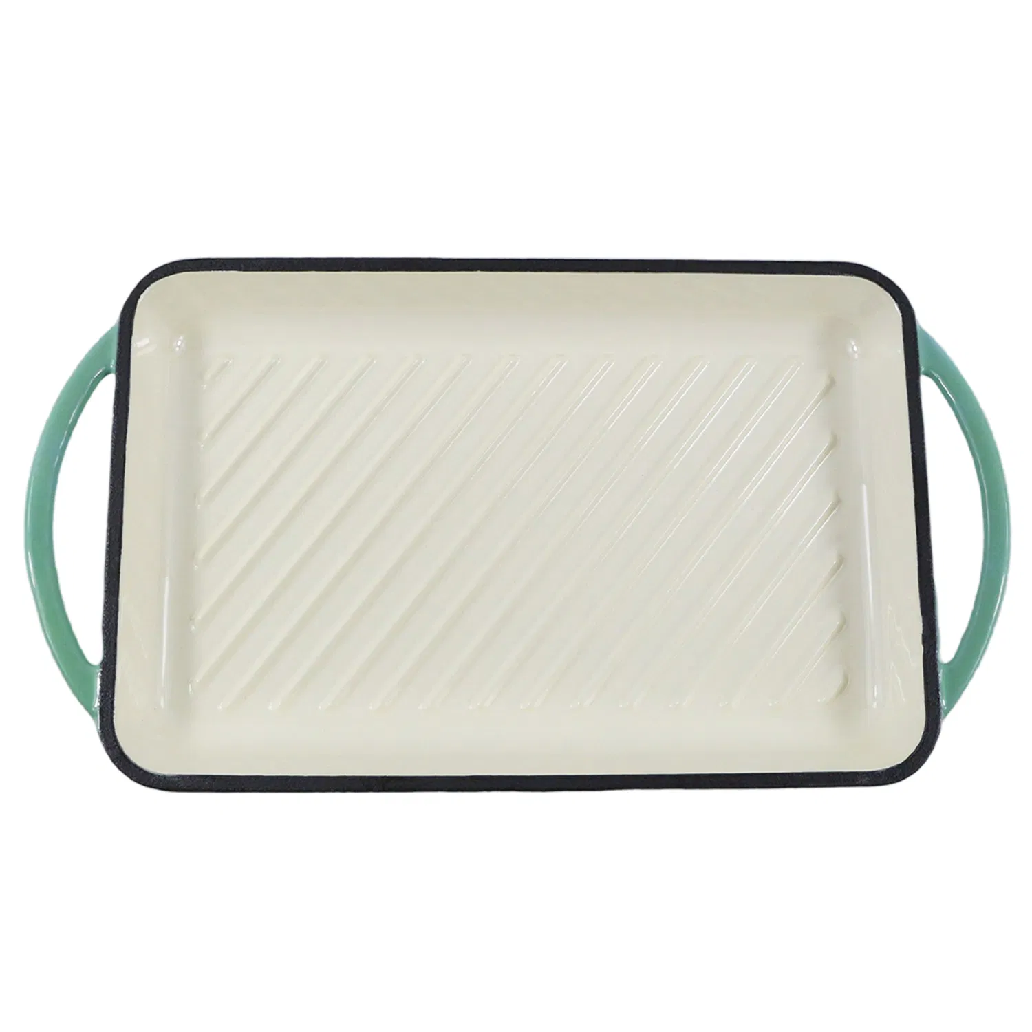 Enameled Cast Iron Rectangular Grill Pan with Ridged Interior in Sage Green for Searing and Baking Grill Pan