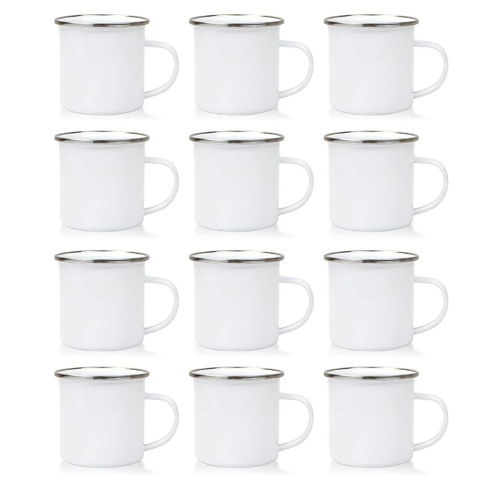 Sublimation Blank White Enamel Mug 12 Oz with Silver Rim Camping Travel Coffee