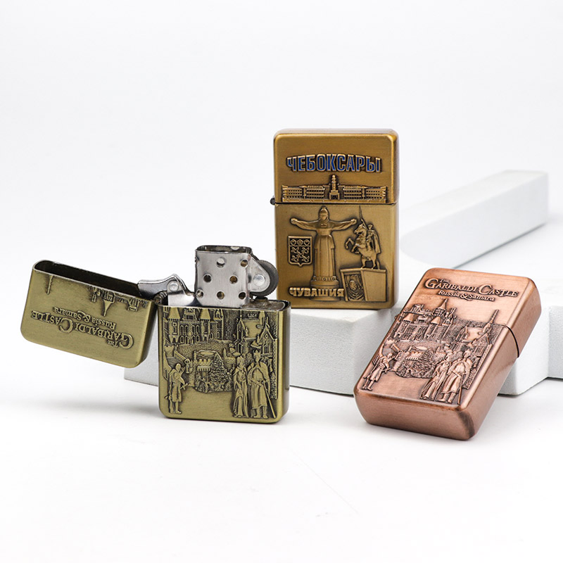 Personalized Logo Brass Metal Souvenir Windproof Pocket Oil Kerosene Lighter Custom