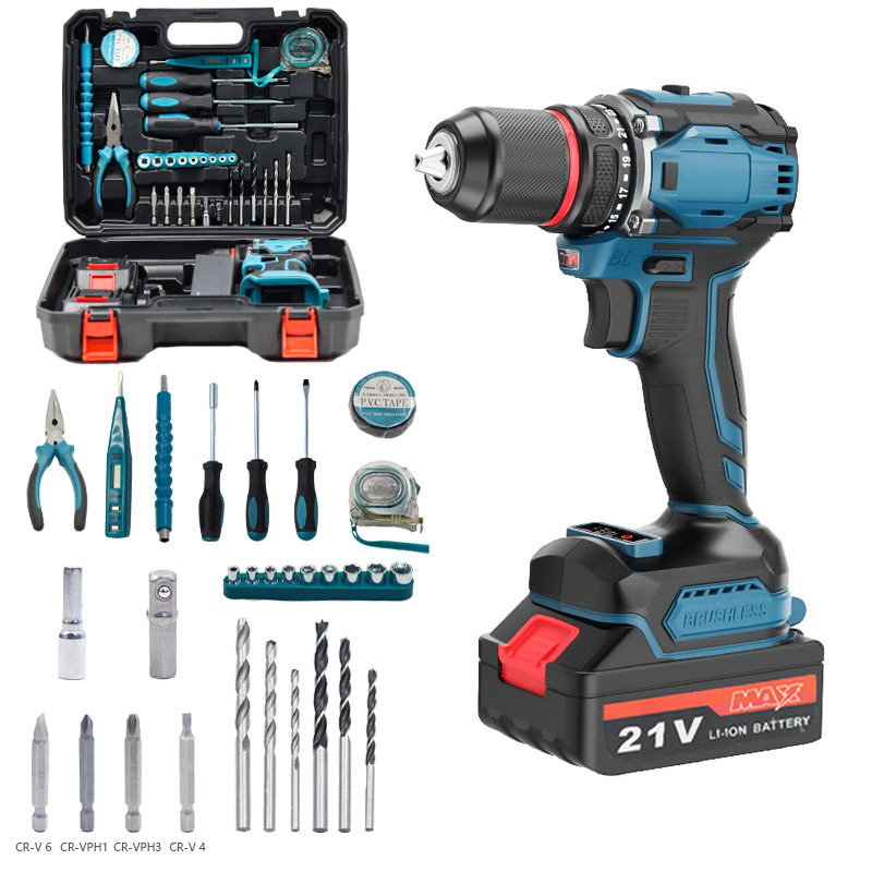 Factory 21V Portable Electric Cordless Brushless Drill Lithium Battery Power Tools Kit