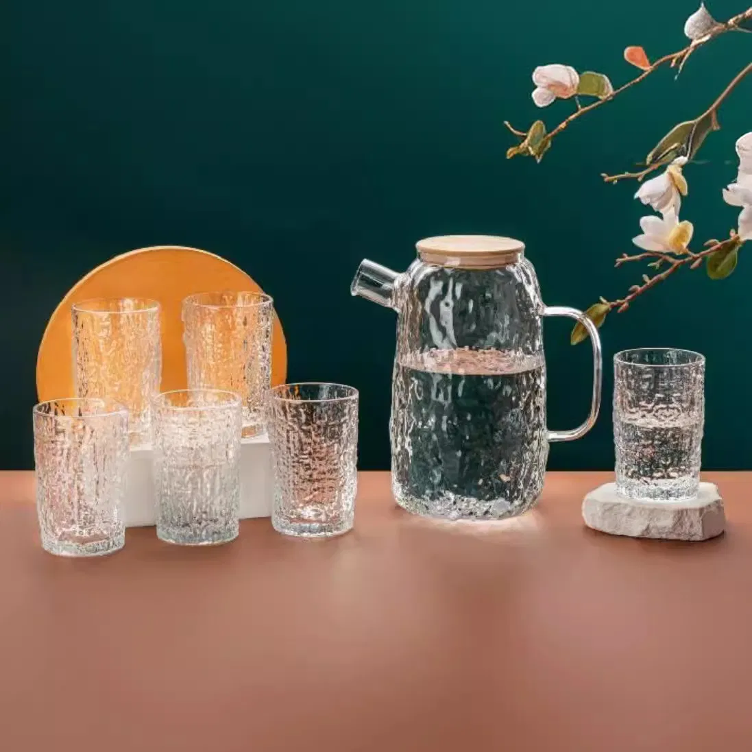 Premium High Borosilicate Glassware Elegant High Borosilicate Glass Set of 6 Cups and Kettle