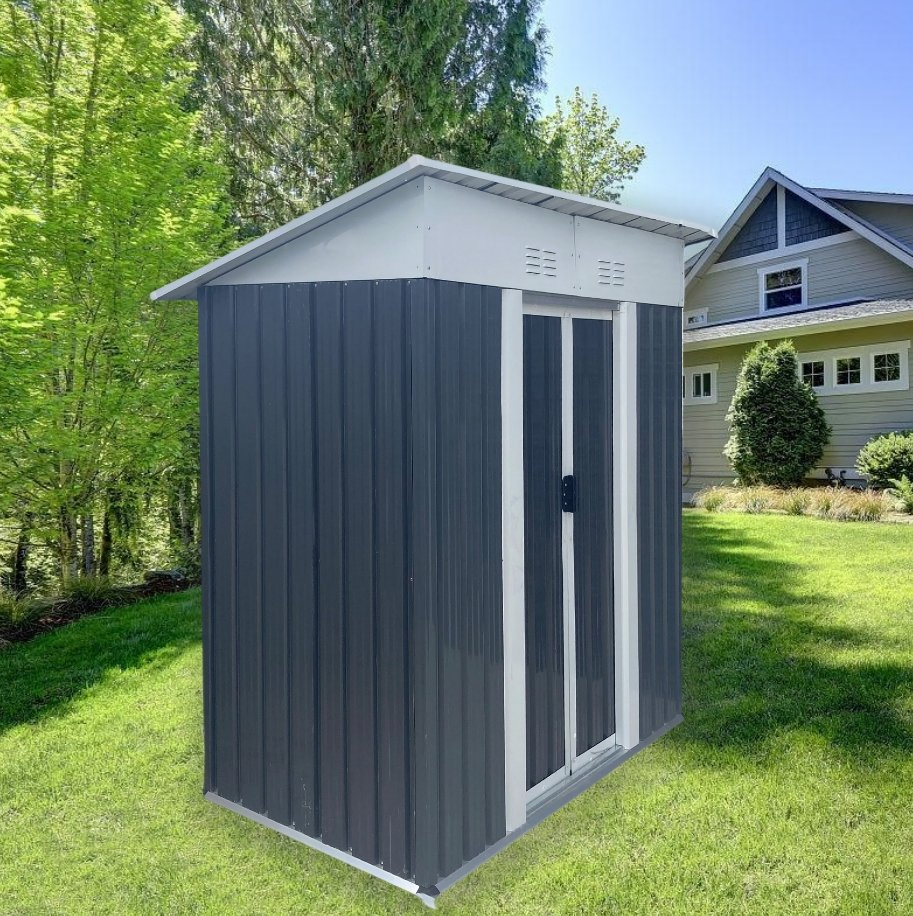 Gray Garden Sheds Metal for Sale Modern Style Outdoor Storage Tools Room