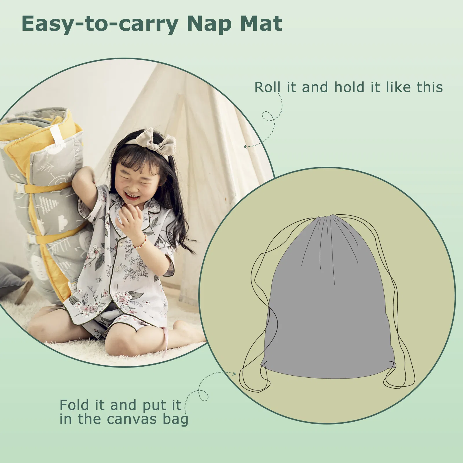 Rollup Design Kid Sleeping Mat with Removable Pillow & Minky Blanket
