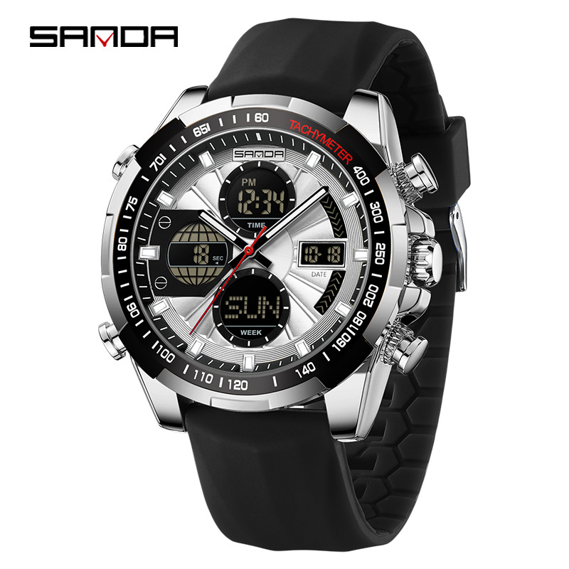 Men's Large Dial Electronic Watch Waterproof Alloy Case Multifunctional Chronograph Calendar Wristwatch