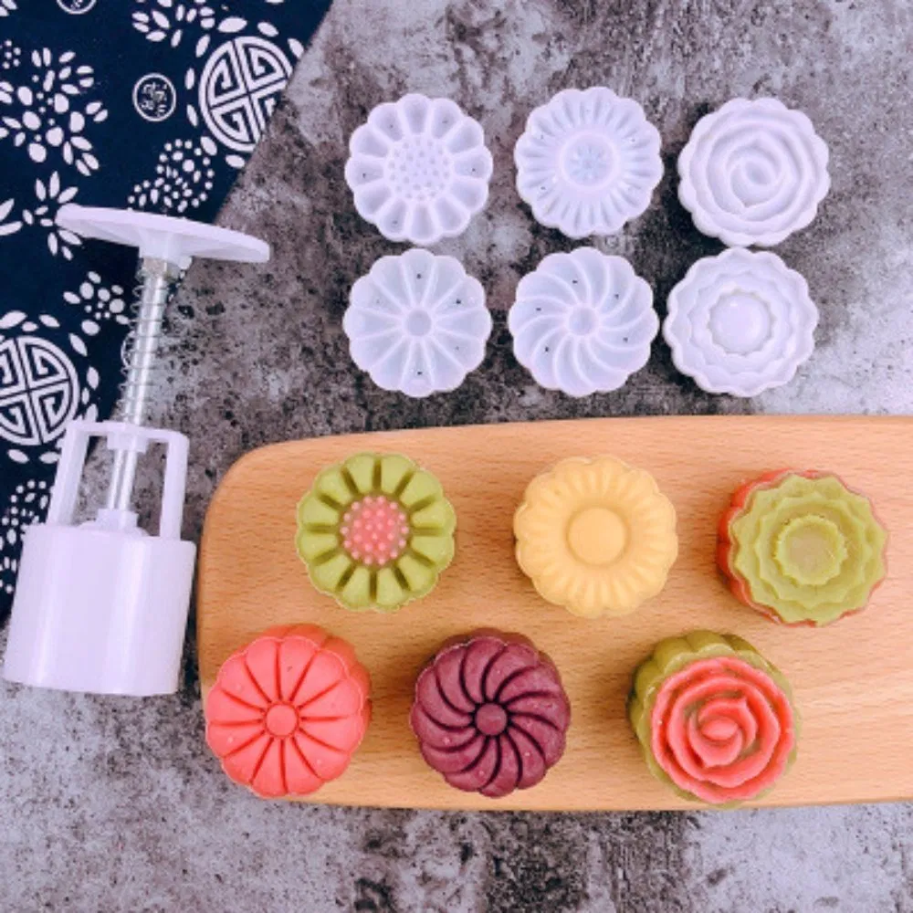 DIY Mooncake Barrel Mold with Flower Stamps Hand Press Pastry Tool Mi25928