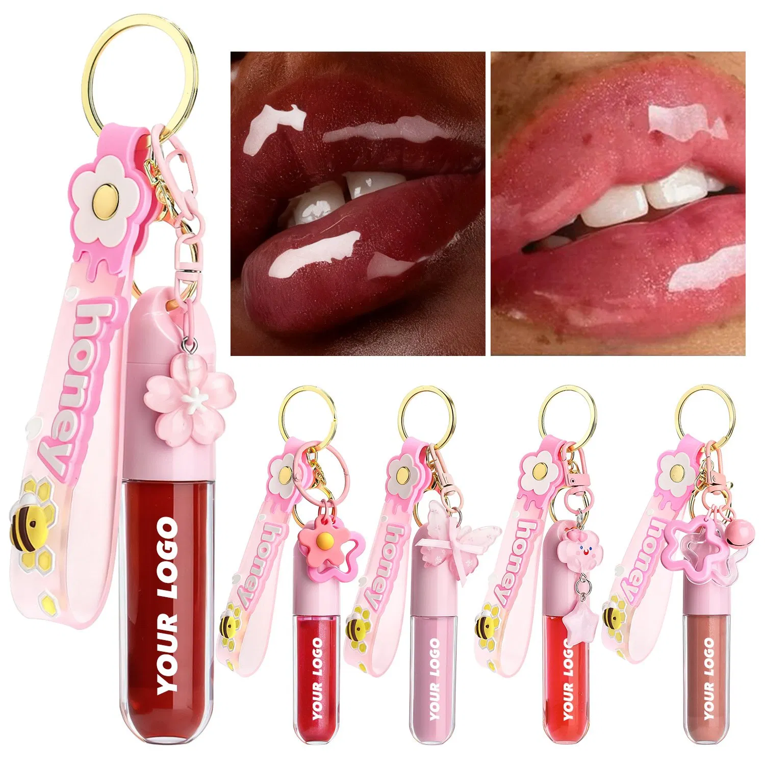 Herbal Liquid Lip Gloss with Key Chain Long Lasting Glossy Custom Logo Keychain Lip Gloss