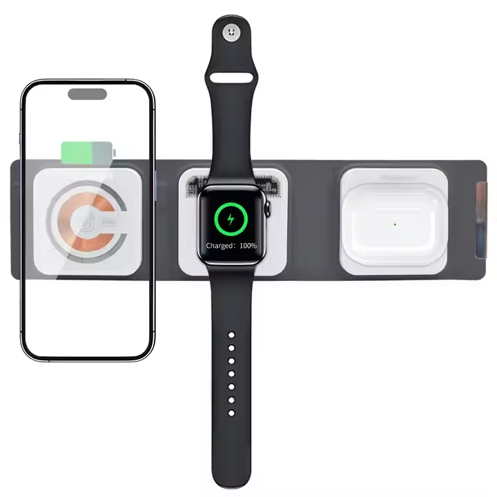 Portable Travel Wireless Charger 3 in 1 Custom Logo Imprint Foldable Magnetic Wireless Charger