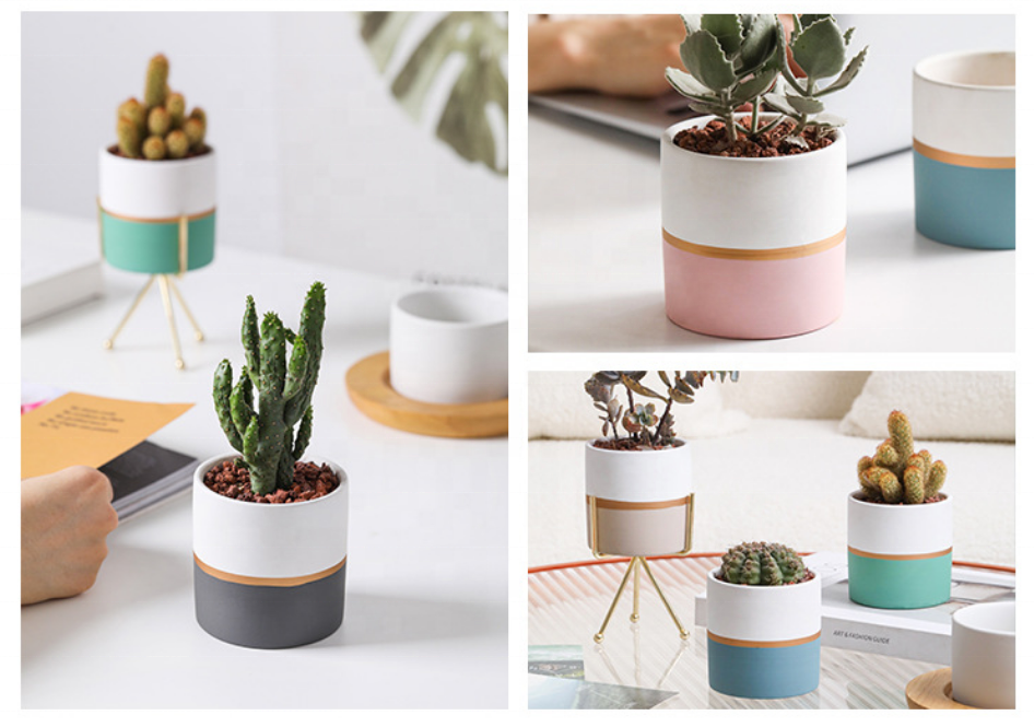 Набор горшков керамических скандинавский стиль золотая окантовка 2 шт