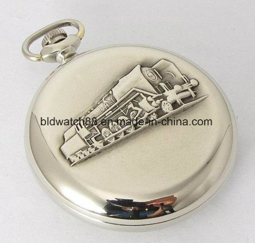 Custom Retro Vintage Railroad Gold Train Embossed Pocket Watch with Chain