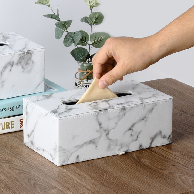 PU Leather Cover Storage Marble Pattern Tissue Box