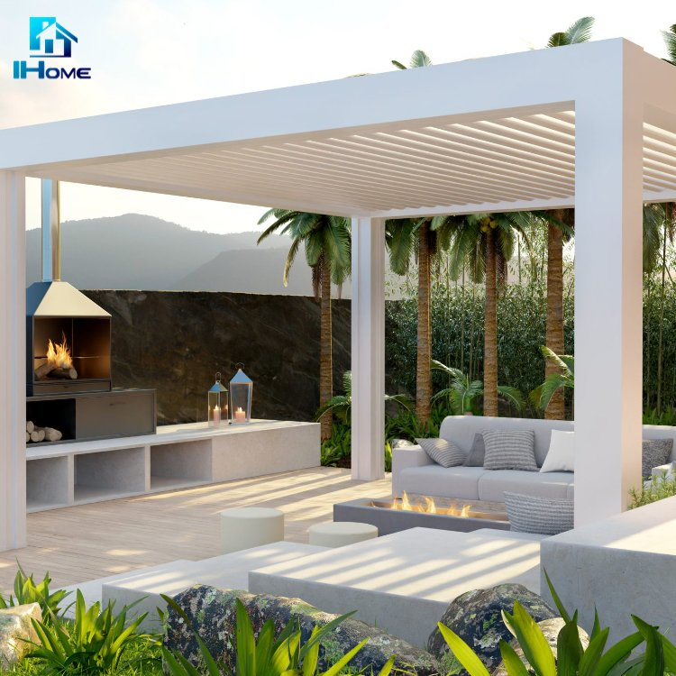 Asian Style Patio Exterior Motorized Retractable Roof Pergola Simple Design Louvered Outdoor Aluminium Pergola