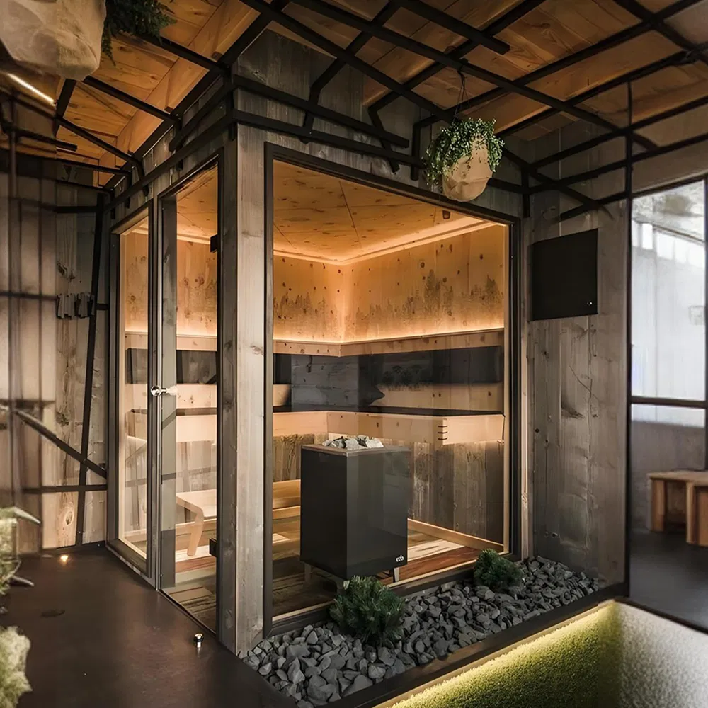 Семейная уличная сауна с электрокаменкой и стеклянной дверью