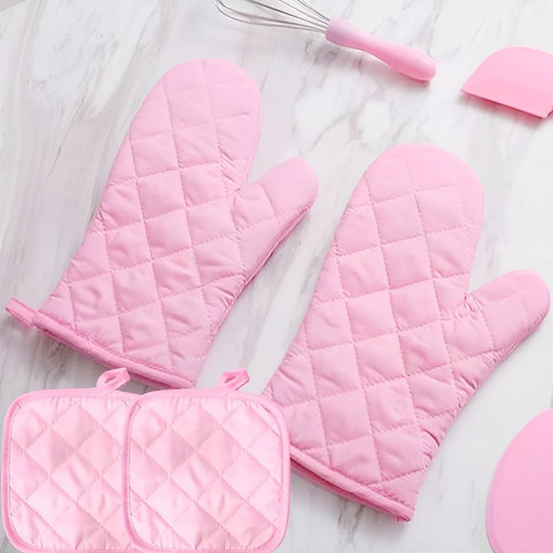 Pink Checkered Heat-Insulating Glove Set, Glove Mat, Universal Oven Glove, Desktop Protection Pad