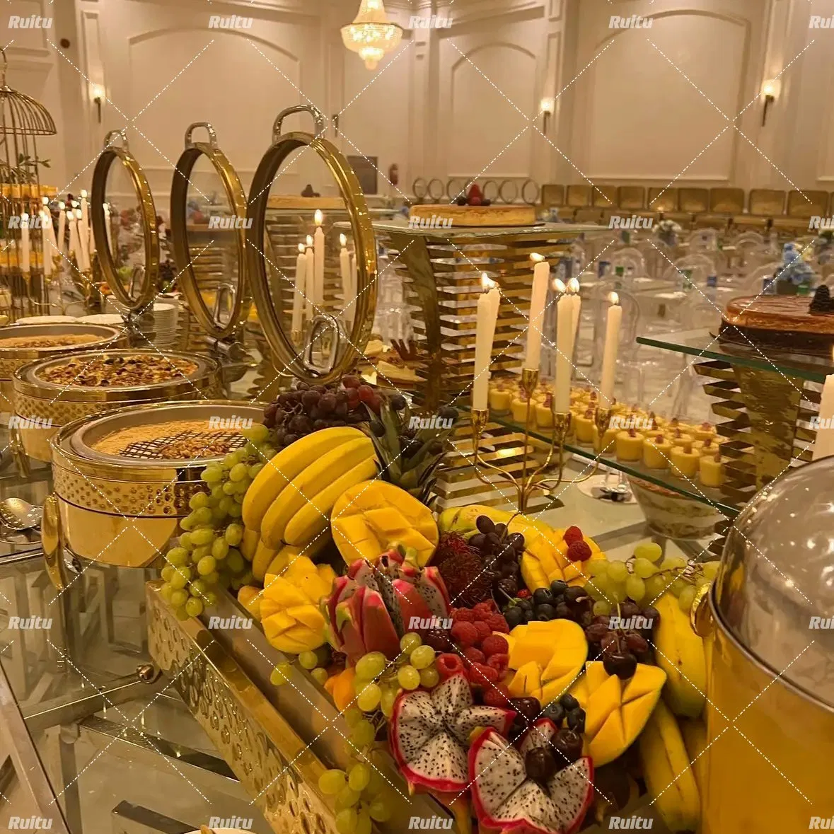 Chaffing Dishes Supplier Oblong Hydraulic Glass Window Stainless Steel Luxury Golden Hammered Kitchenware Hotel Dual Restaurant Buffet Stove Serving Utensils