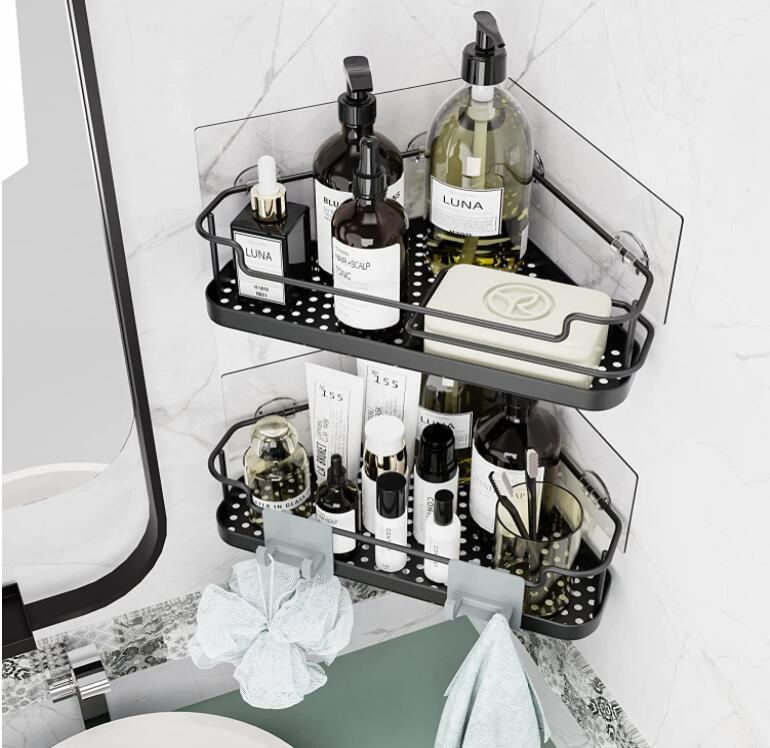 2 Pack-Black Corner Shower Caddy Organizer Basket with Hooks No Drilling Adhesive Wall Mount Bathroom Shelf Shampoo Holder Storage Rack Rustproof