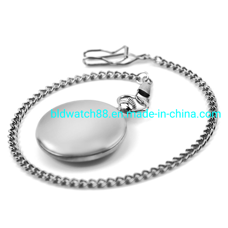 Engraved Polish Silver Round Gents Japan Movement Pocket Watch with Chain