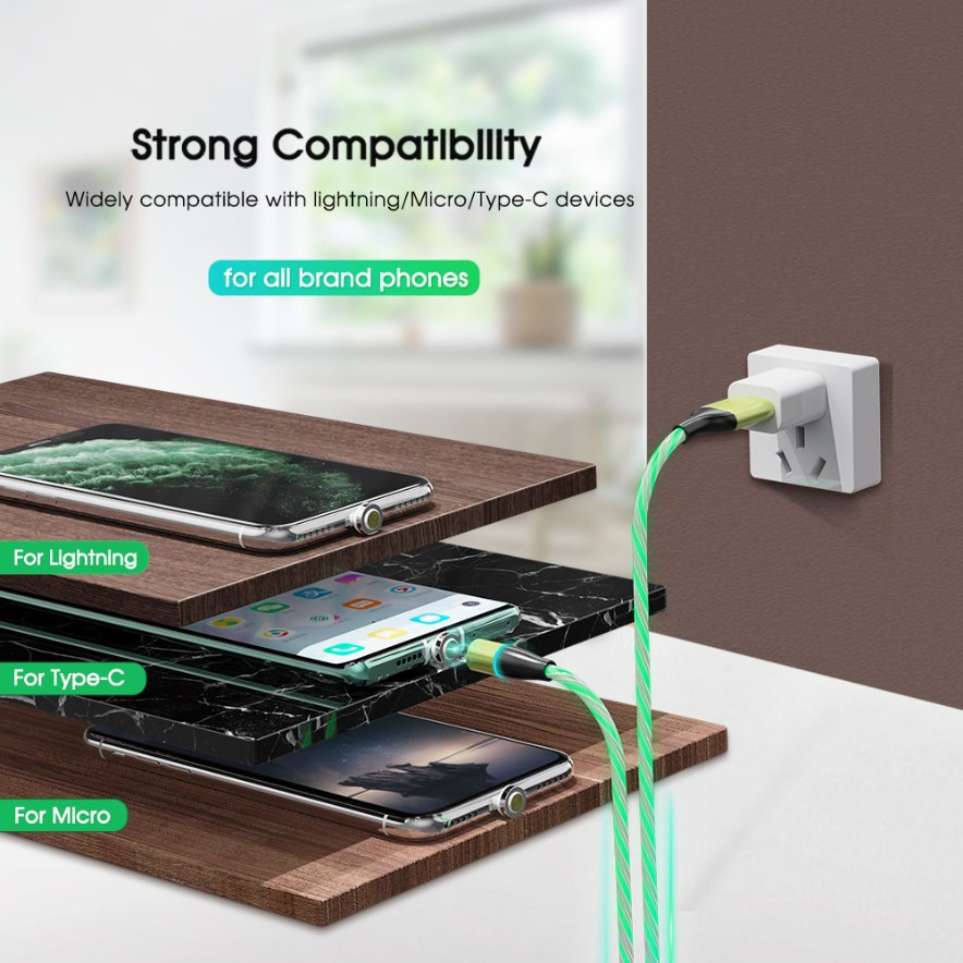 Hot sell high quality multifunction flowing LED 3 in 1 3A USB fast charging and data cable magnetic USB charger cable for gift phone
