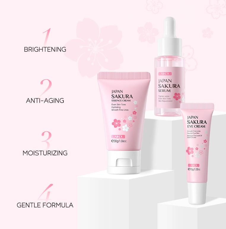Online Wholesale Ready to Ship Japanese Cherry Blossom Moisturizing Essence Eye Cream Face Cream Three Piece Sets Wholesale