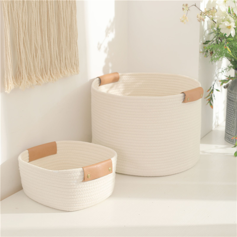 Wholesale Cotton Rope Woven Leather Handle Household Laundry Basket