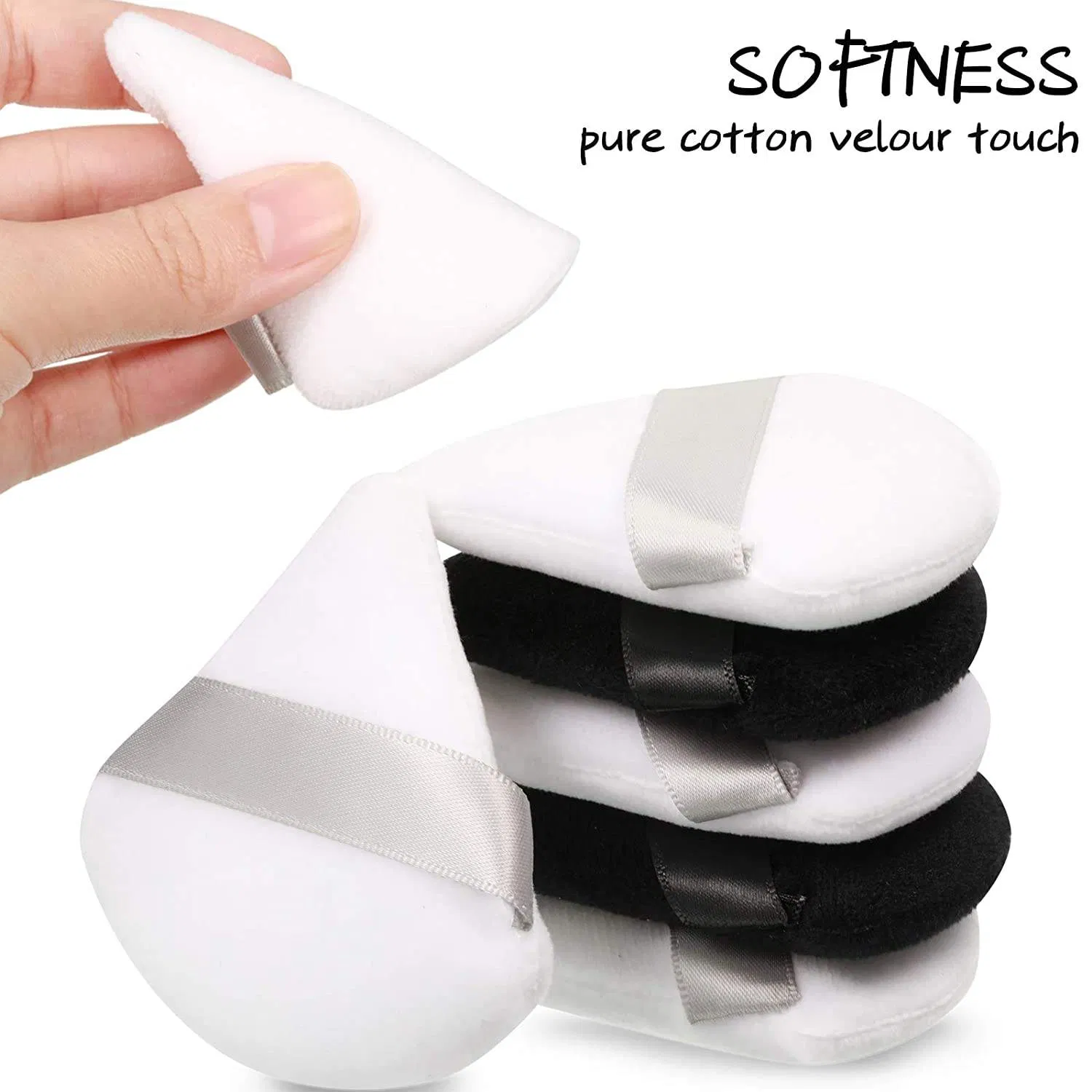 Custom Package Black Cosmetic Powder Puff Triangular Velvet Powder Puff with Ribbon