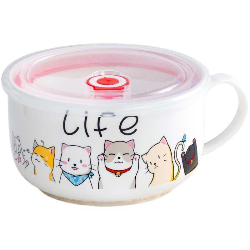 Japanese Cartoon Creative Ceramic Noodle Bowl with Lid Microwaveable Large Oatmeal Mug