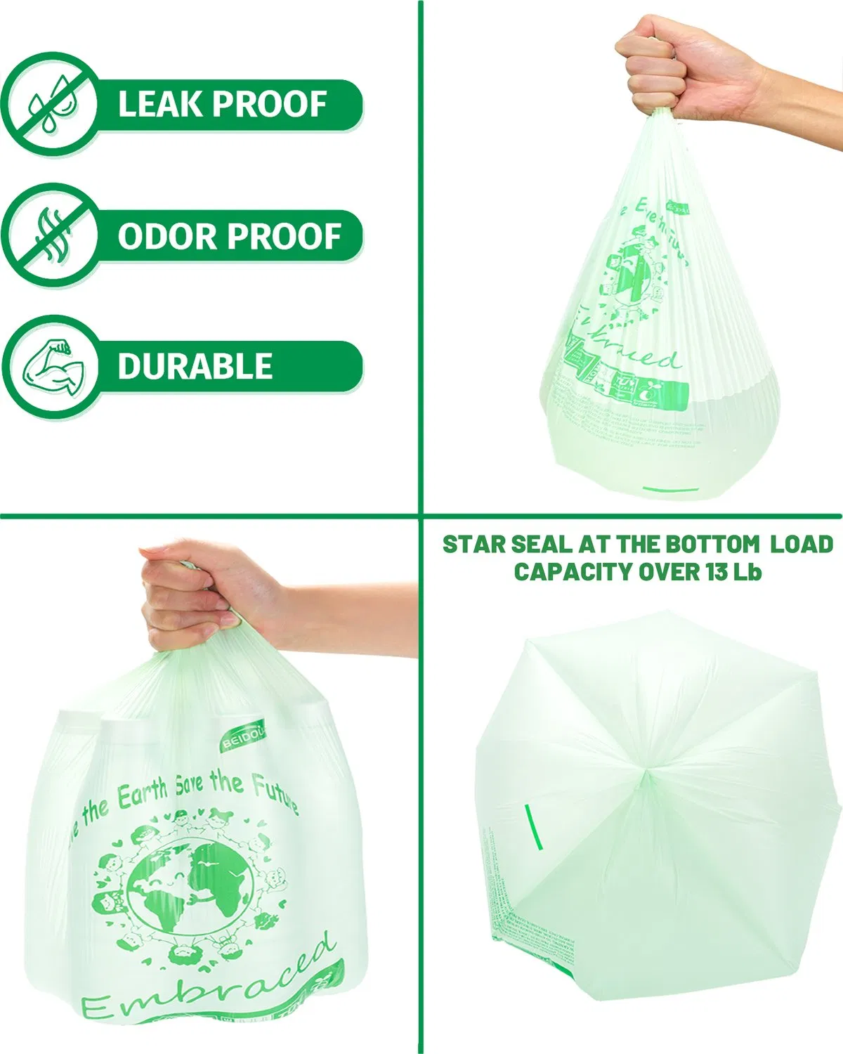 Eco Friendly 100% Biodegradable Cornstarch Trash Bags and Compostable Garbage Bags with Handle Tie