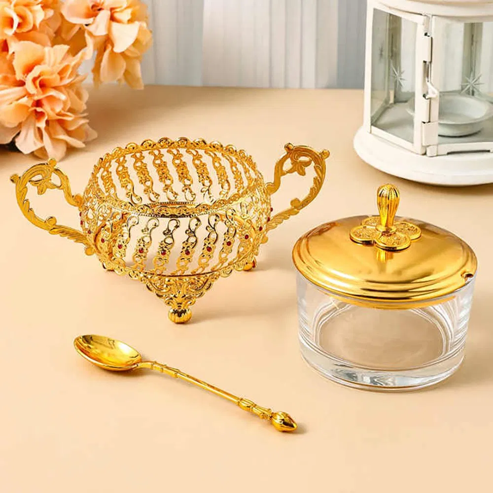 Сахарница с крышкой и ложкой, золотая, 15 см