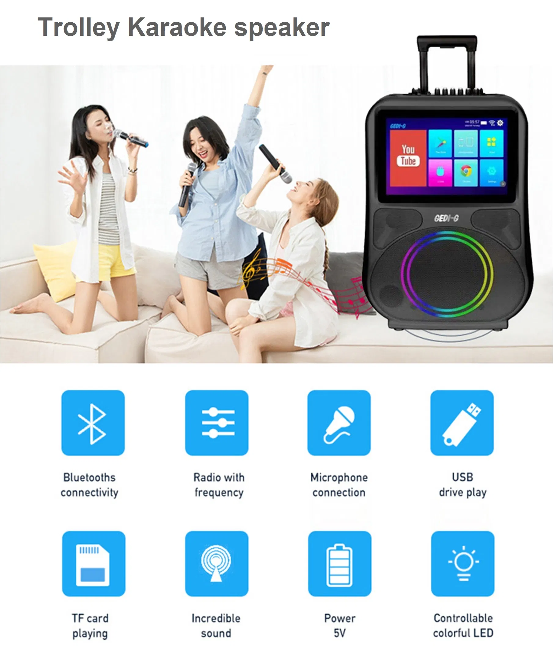 Портативная колонка-караоке 60Вт с Android и сабвуфером