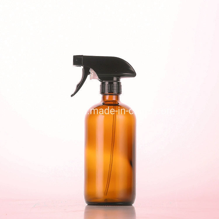8oz 16oz 32oz / Amber Round Glass Spray Bottle with Top Black Spray Pump Essential Oil Glass Bottle