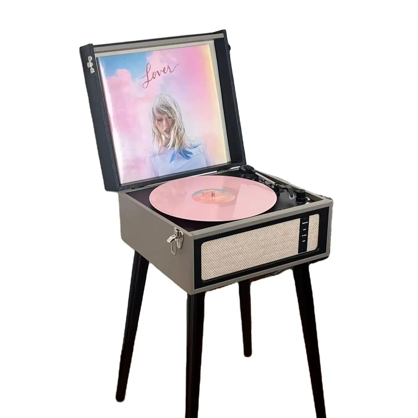 Винтажный проигрыватель винила с картой мира, черно-серый