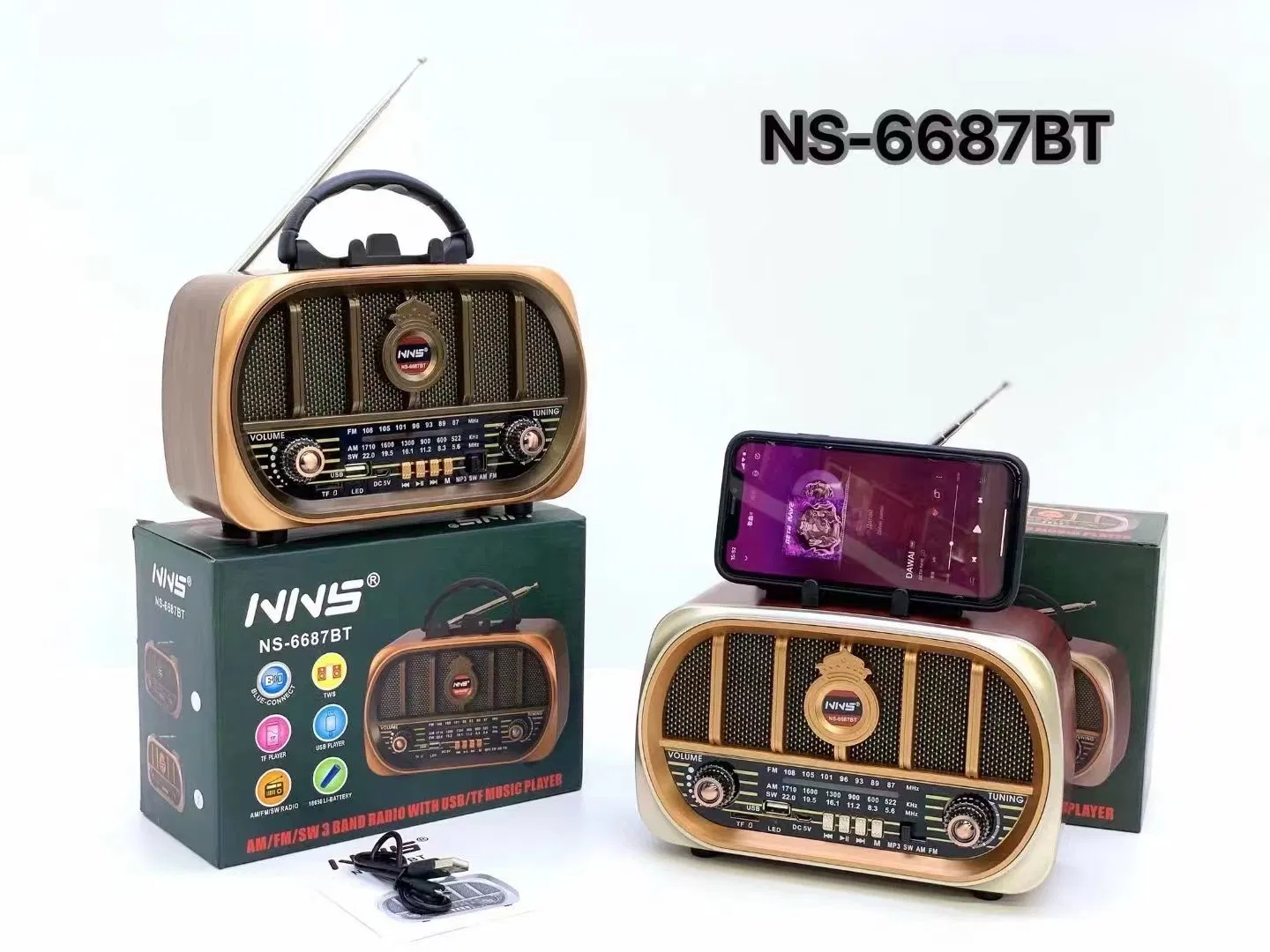 Ретро радио NS-6687BT с Bluetooth, деревянный корпус