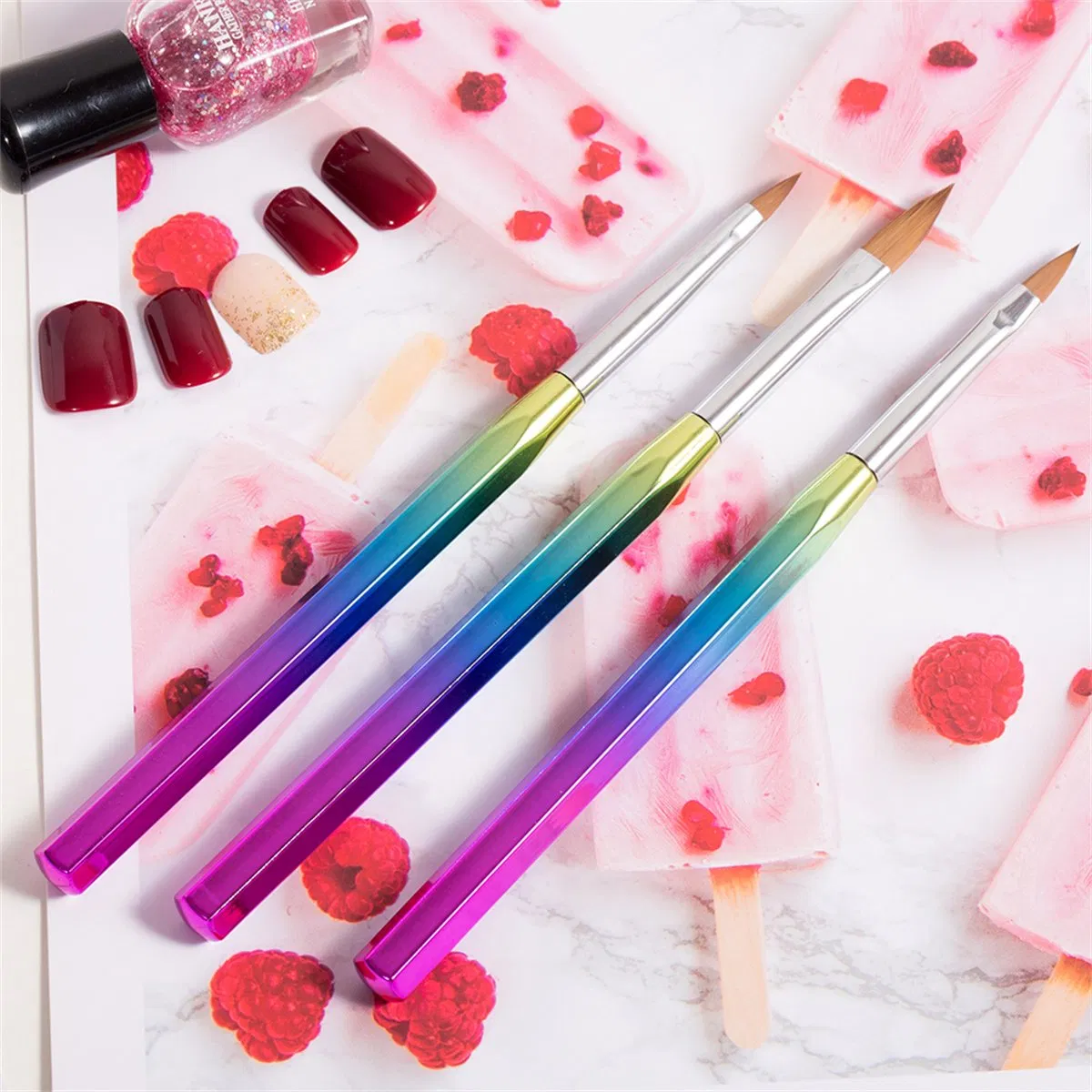 Wholesale Design Personalized Hexagonal Rod Plastic Handle Nail Brush 100% Acrylic Nail Brushes for Kolinsky