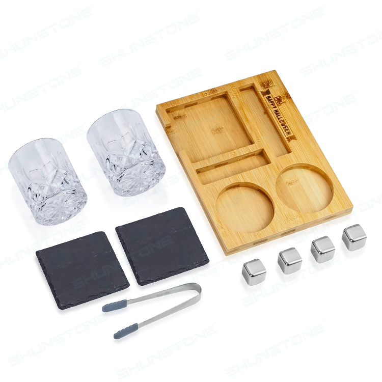 Old Fashioned Crystal Whiskey Glasses Gift Set with Stainless Steel Whiskey Stone Slate Coasters Bamboo Tray