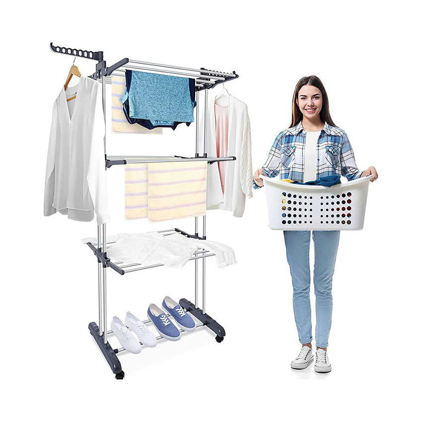 Plastic Metal Coat Hangers with Wheels Store Drying Airer Double Pole Telescopic Golden Over Door Clothes Drying Rack