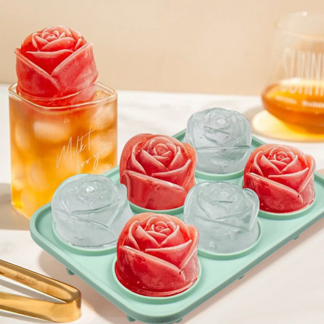 3D Rose Silicone Ice Tray with Funnel Silicone Large Round Ice Cube Mold Six Cells