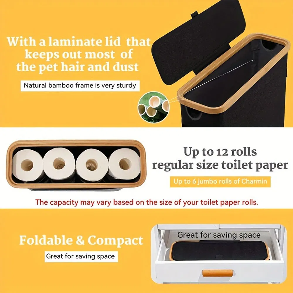 Mobile Bamboo Toilet Paper Holder with Lid and Wheels for Bathroom