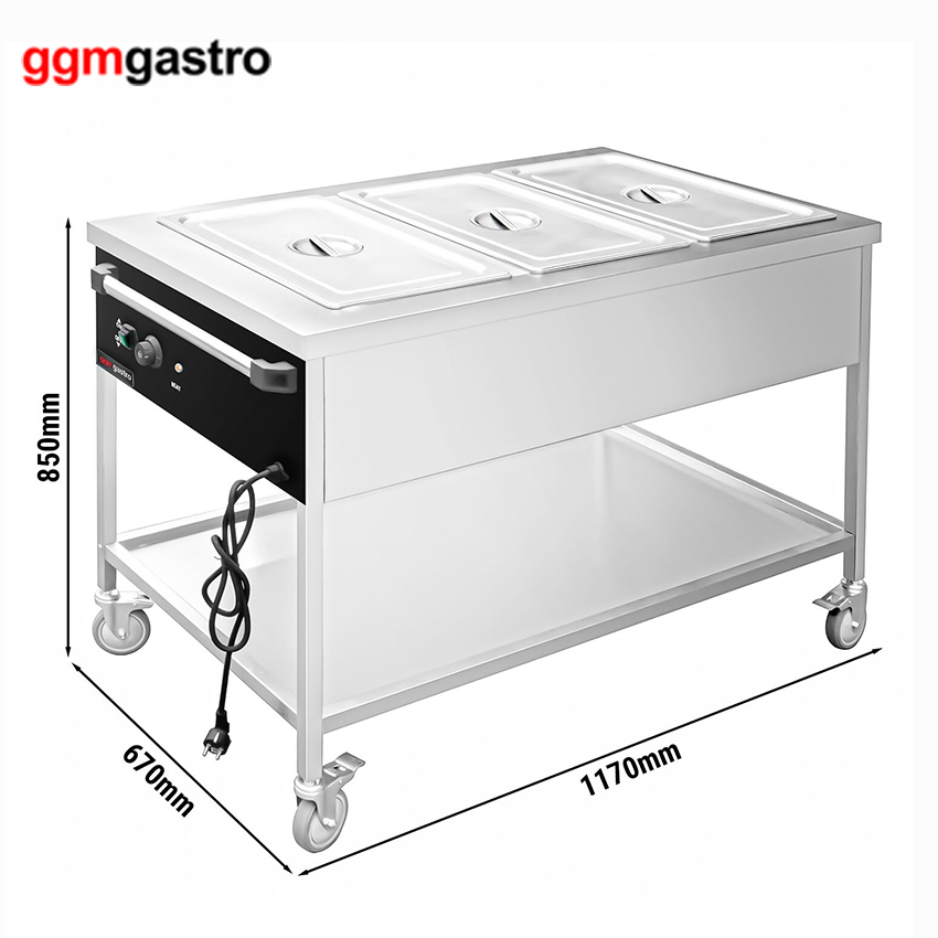 Premium Mobile Commercial 3 Pans Insulated Food Warmer Heated Bain-Marie Trolley