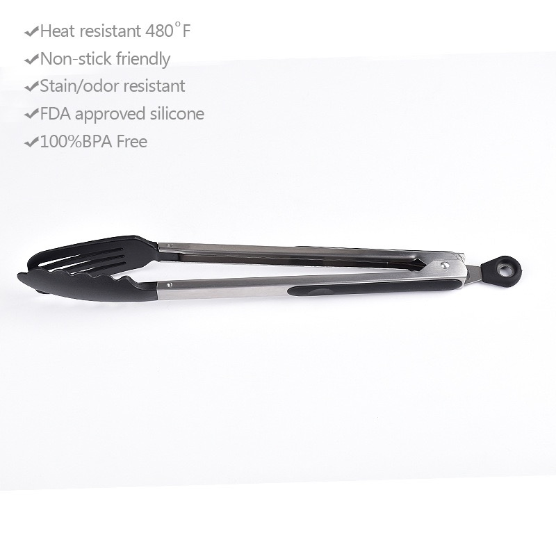 Silicone BBQ Tweezers 12" Stainless Steel Locking Salad Kitchen Food Tongs