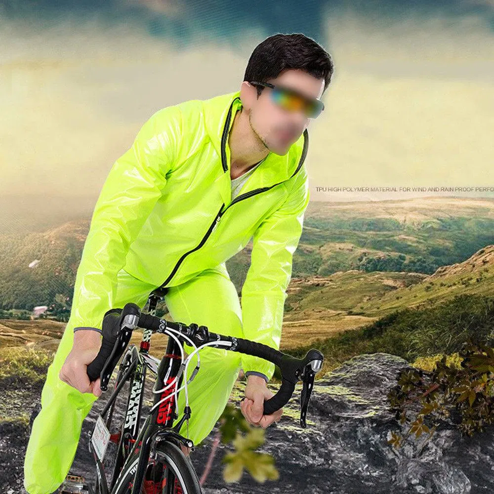 Cycling Rain Jacket and Pants Set Fluorescent Hooded Raincoat with Reflective Strips Esg13303