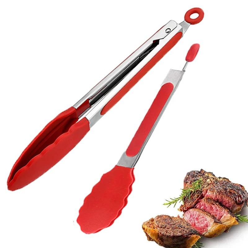 Kitchen Silicone Tongs BBQ Grilling Tong Cooking Salad Bread Serving Tong Non-Stick Barbecue Clip Clamp Stainless Steel Tong
