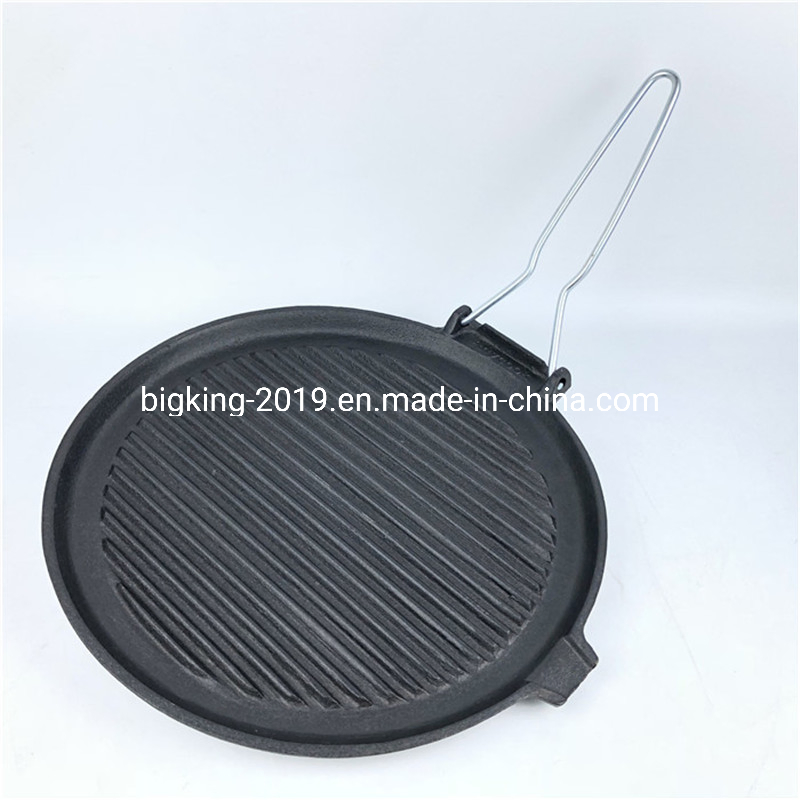 Cast Iron Non-Stick Grill Pan with Folding Handle Round Frying Pan